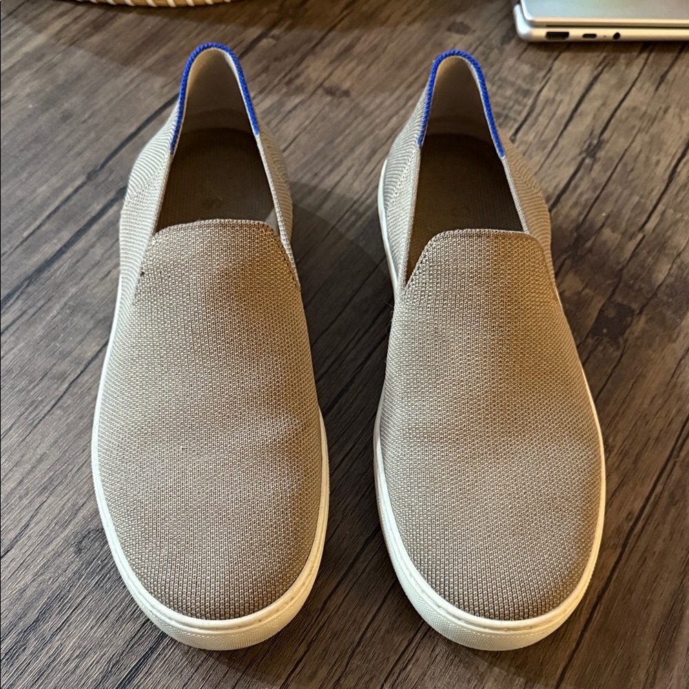 Rothy's Tan Slip-On Flats with Blue Accents
